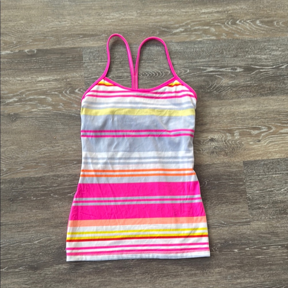 lululemon athletica Pink and Yellow Striped flow y top